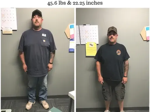 Two pictures of a man standing next to each other with the caption 45.6 lbs and 22.5 inches