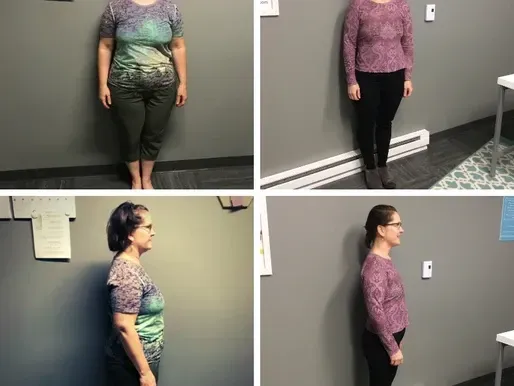 A collage of four pictures of a woman standing in front of a wall.