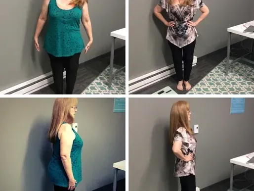 A collage of four pictures of a woman standing in a room