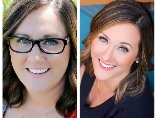 A woman with glasses and a woman without glasses are smiling for the camera.