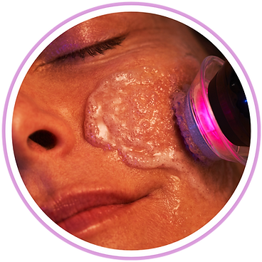 A close up of a person 's face with a purple circle around it