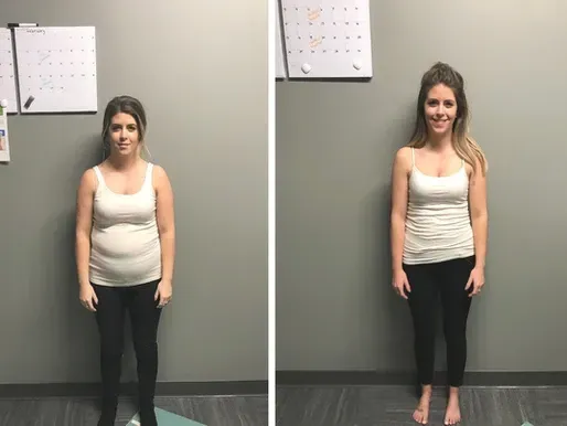 A before and after photo of a woman standing in front of a wall.