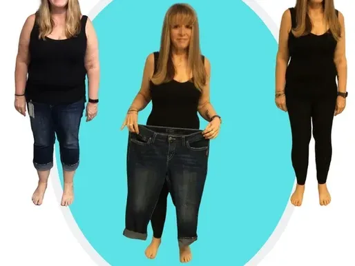 Three women standing next to each other with one wearing a pair of jeans