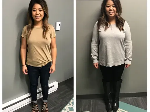 A before and after photo of a woman standing in front of a wall.