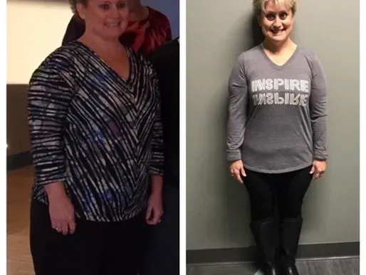 A before and after photo of a woman wearing a shirt that says inspire