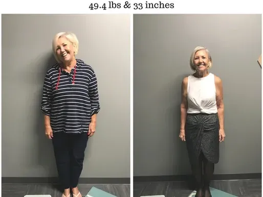 A before and after photo of a woman standing on a scale