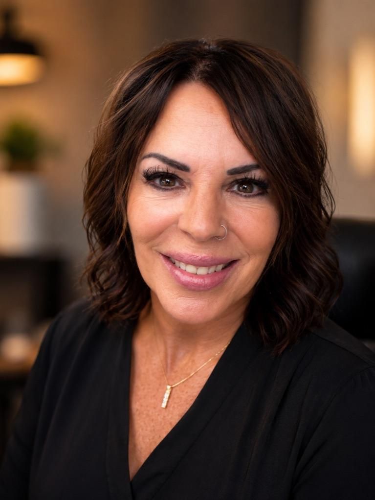 A woman wearing a blazer and a black shirt is smiling for the camera.