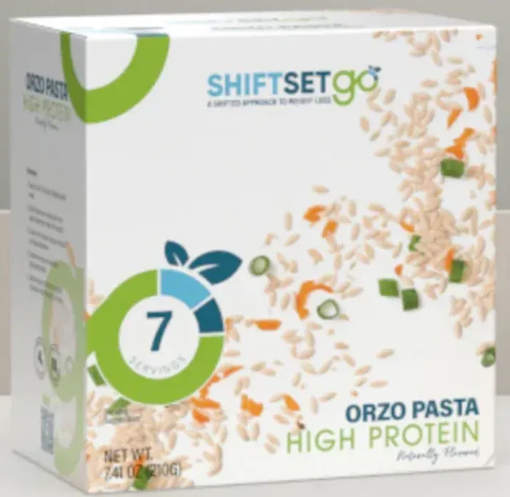 A box of shiftsetgo orzo pasta high protein