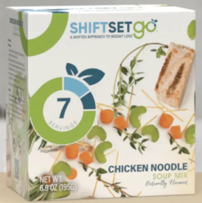 A box of chicken noodle soup mix with 7 servings