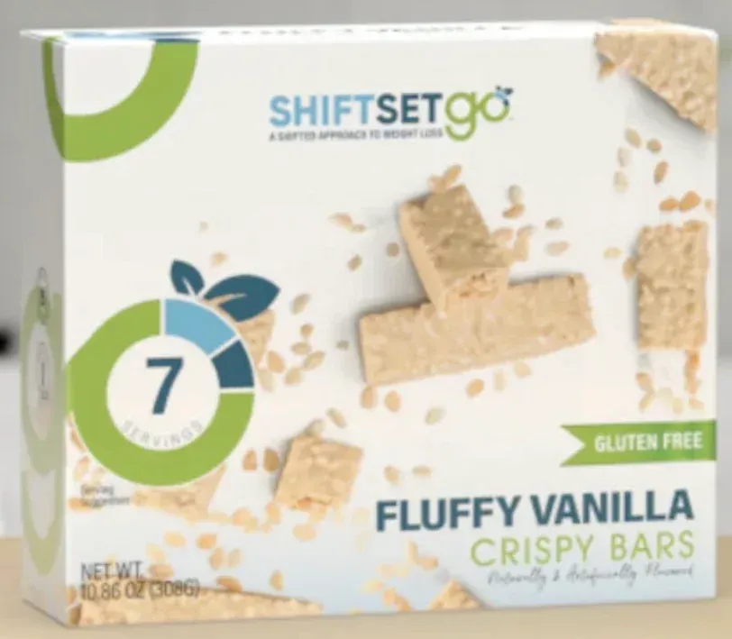 A box of shiftsetgo fluffy vanilla crispy bars