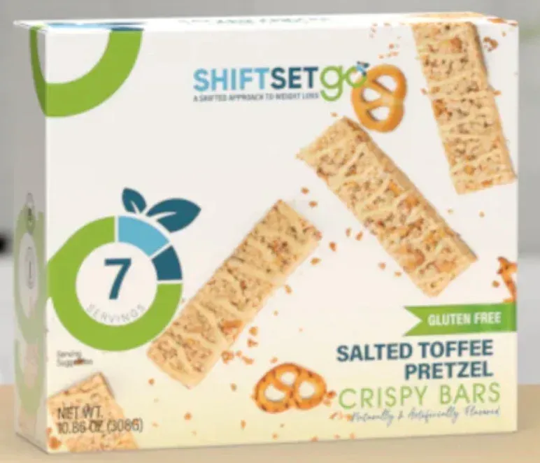 A box of salted toffee pretzel crispy bars