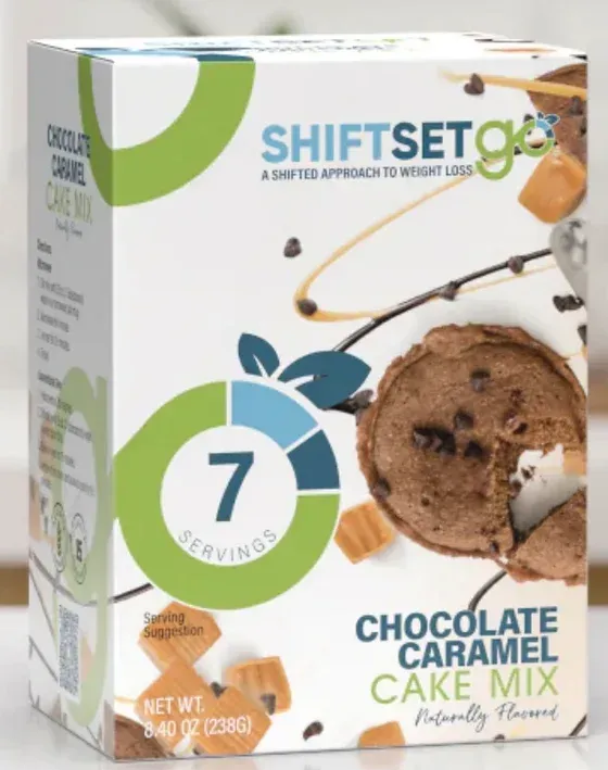 A box of chocolate caramel cake mix with 7 servings