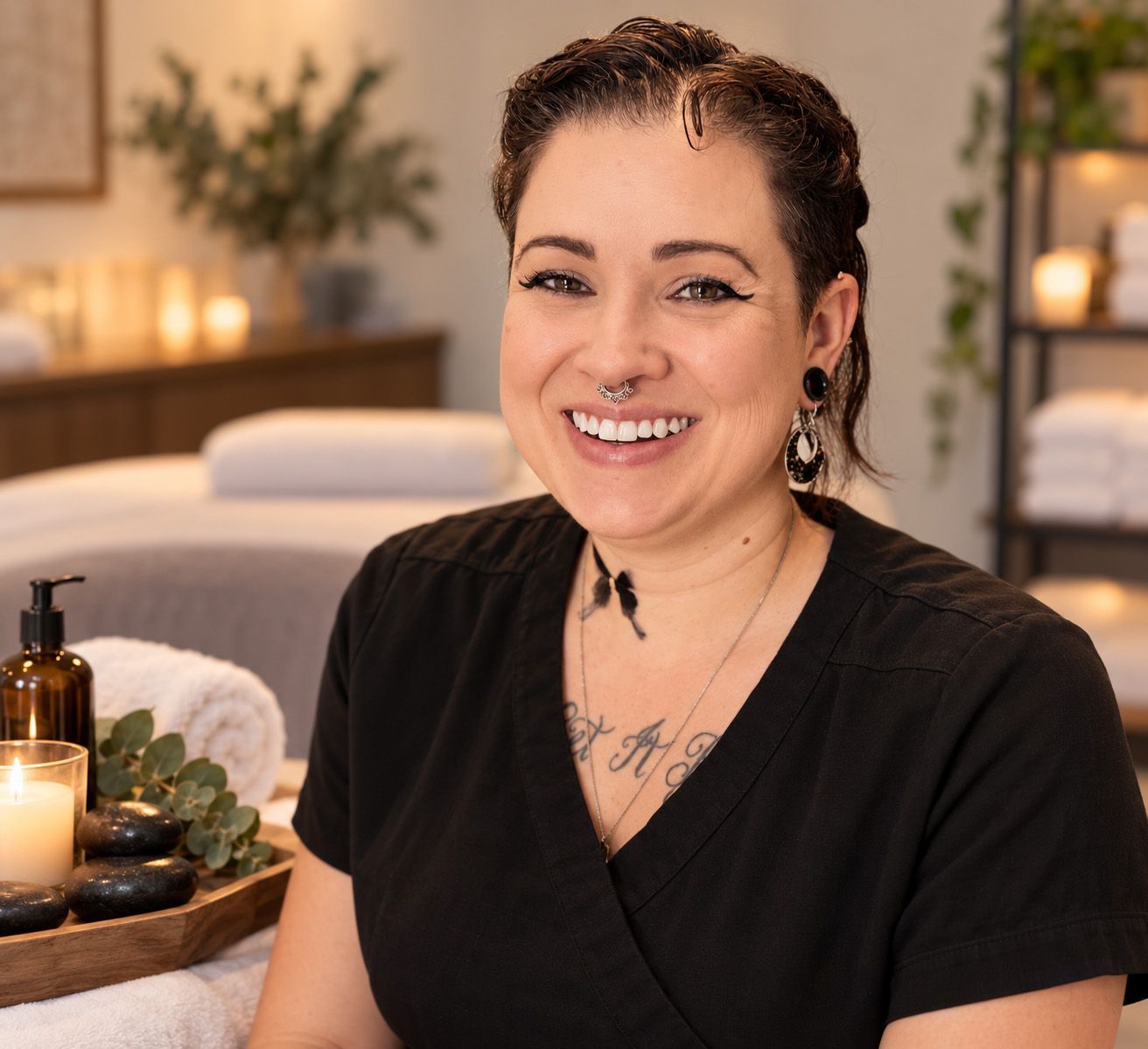 Smiling person seated in a spa room with candles, lotion, and folded towels nearby