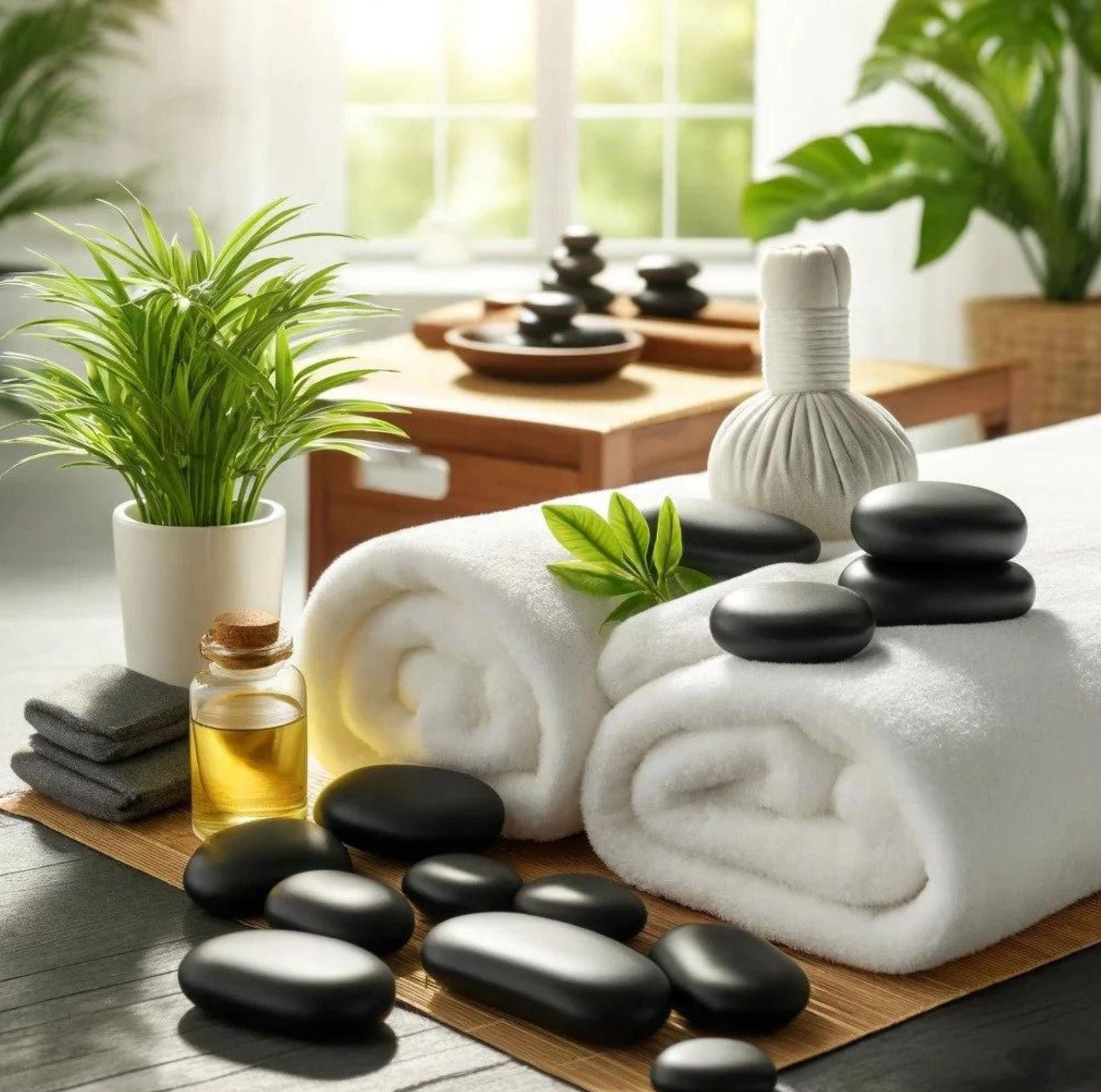 Smiling person seated in a spa room with candles, lotion, and folded towels nearby