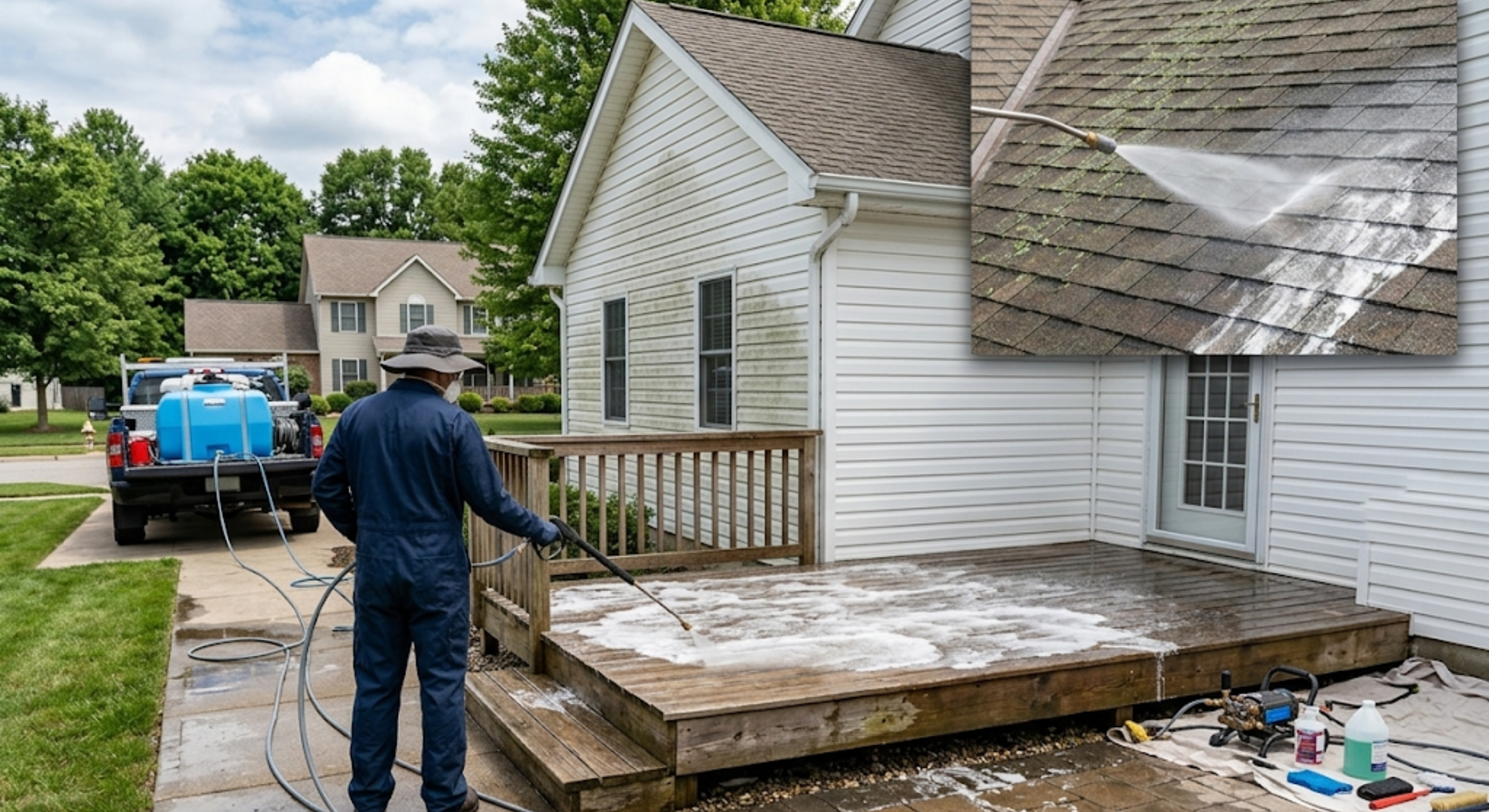 Worker pressure washing a wooden deck, with an inset image of roof cleaning.