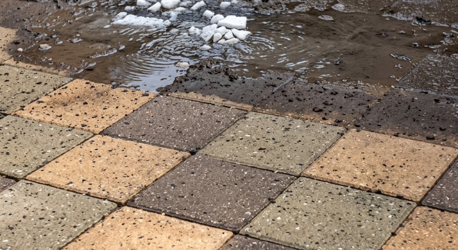 Mud and slush covering a checkered tile walkway near melting snow.
