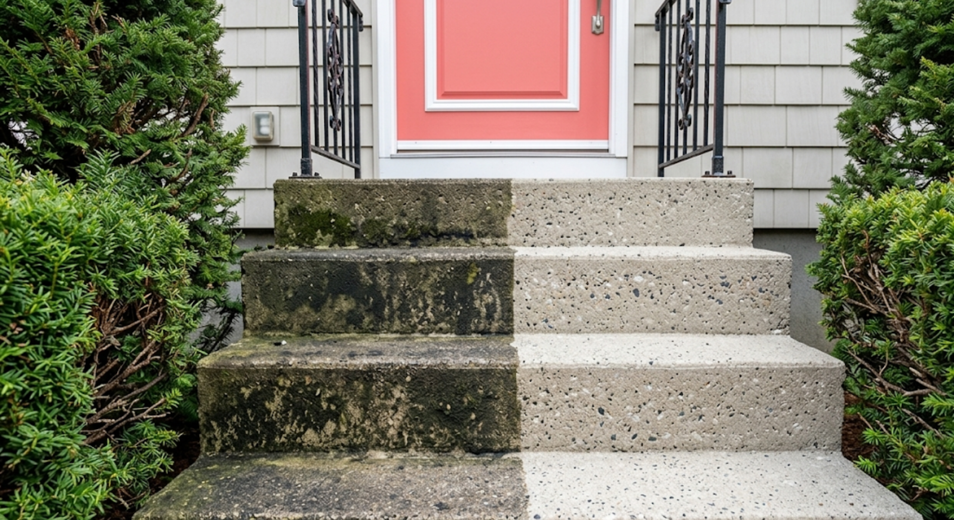 Before and after — half-washed concrete steps showing exterior cleaning results