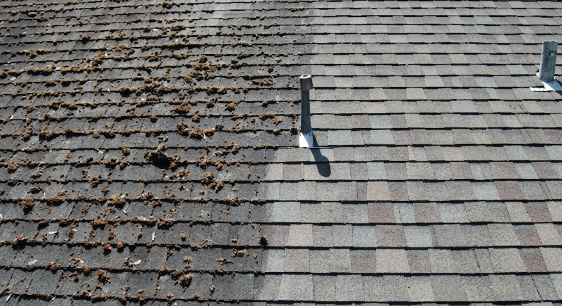 Partially cleaned shingled roof showing mossy and clean sections.