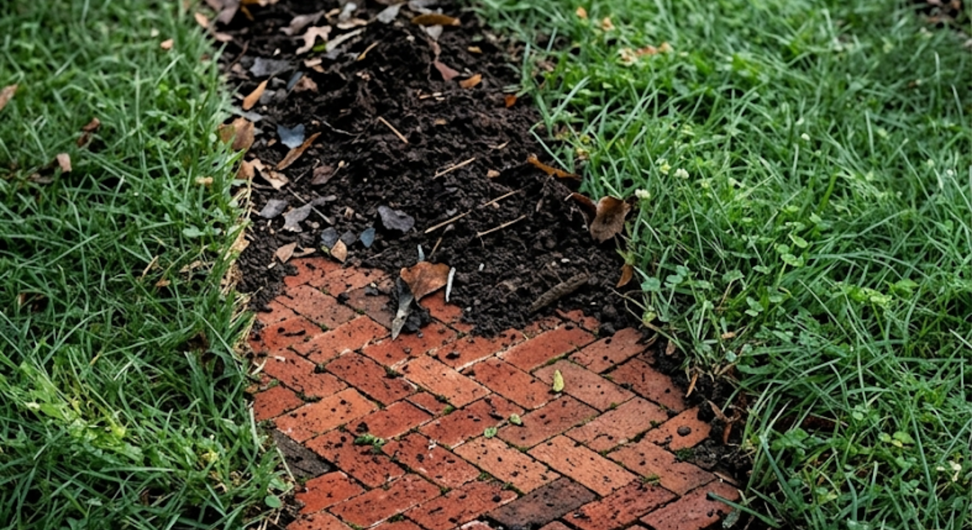 Brick path partially covered with dirt and leaves.