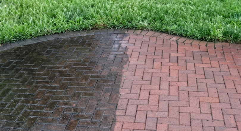 Wet brick and stone walkway beside green grass, with a clear line where the pavement is dry and damp.