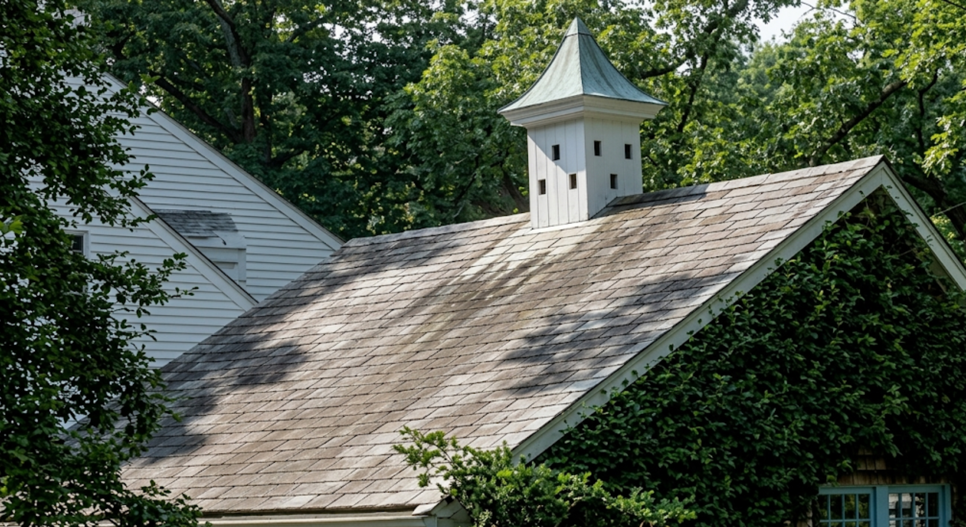 White-roofed building with a small cupola, partially covered in ivy, surrounded by trees