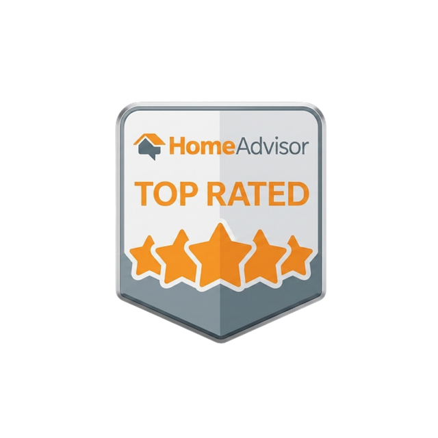HomeAdvisor Top Rated badge with orange stars on a gray shield