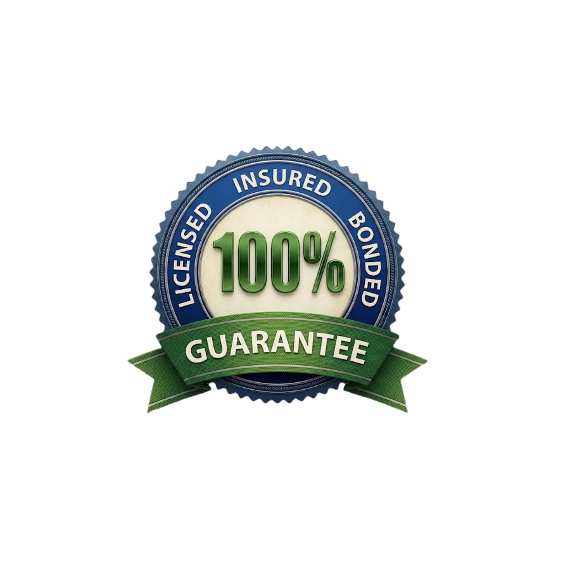 Blue and green 100% guarantee badge with “licensed, insured, bonded” text