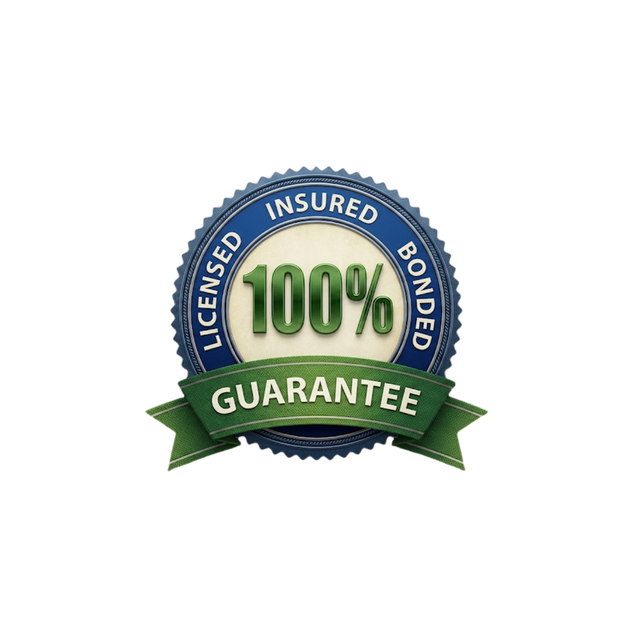 Blue and green 100% guarantee badge with “Licensed,” “Insured,” and “Bonded” ribbon text