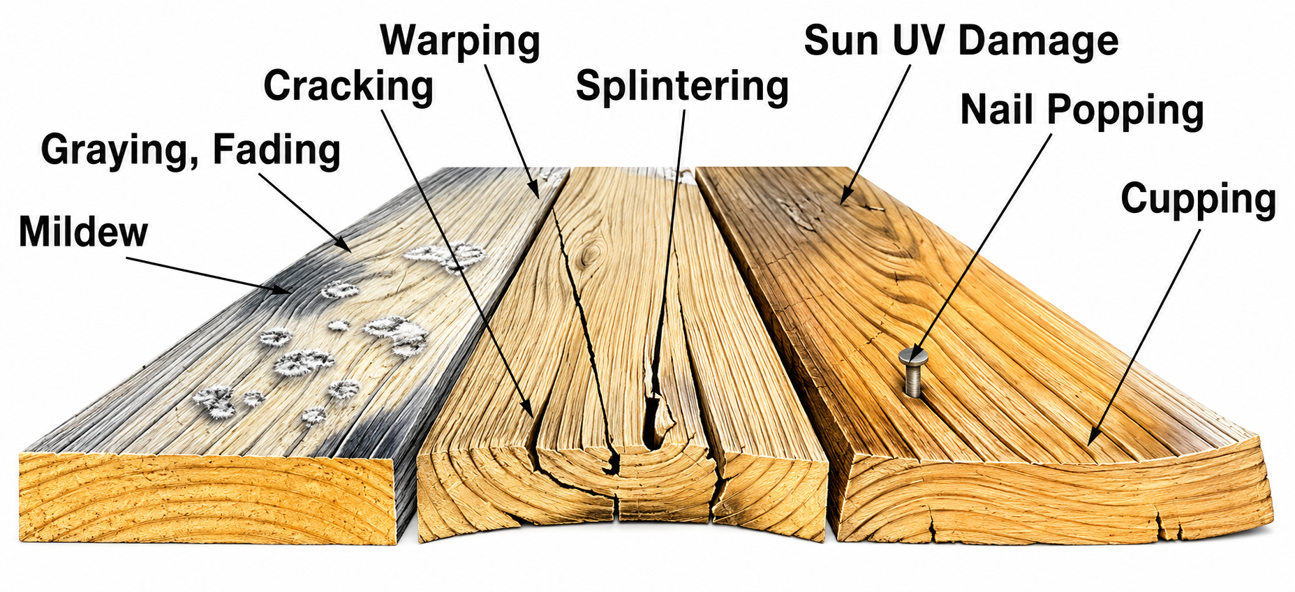 Wood plank showing mildew, graying, fading, cracking, warping, splintering, UV damage, nail popping, cupping