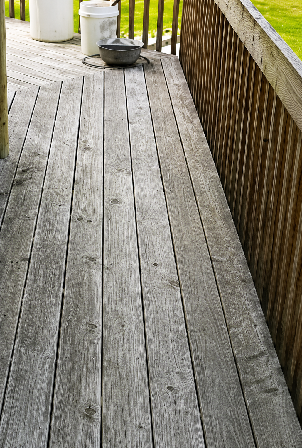 Weathered wooden porch with railing, white planter, and a grill in the background