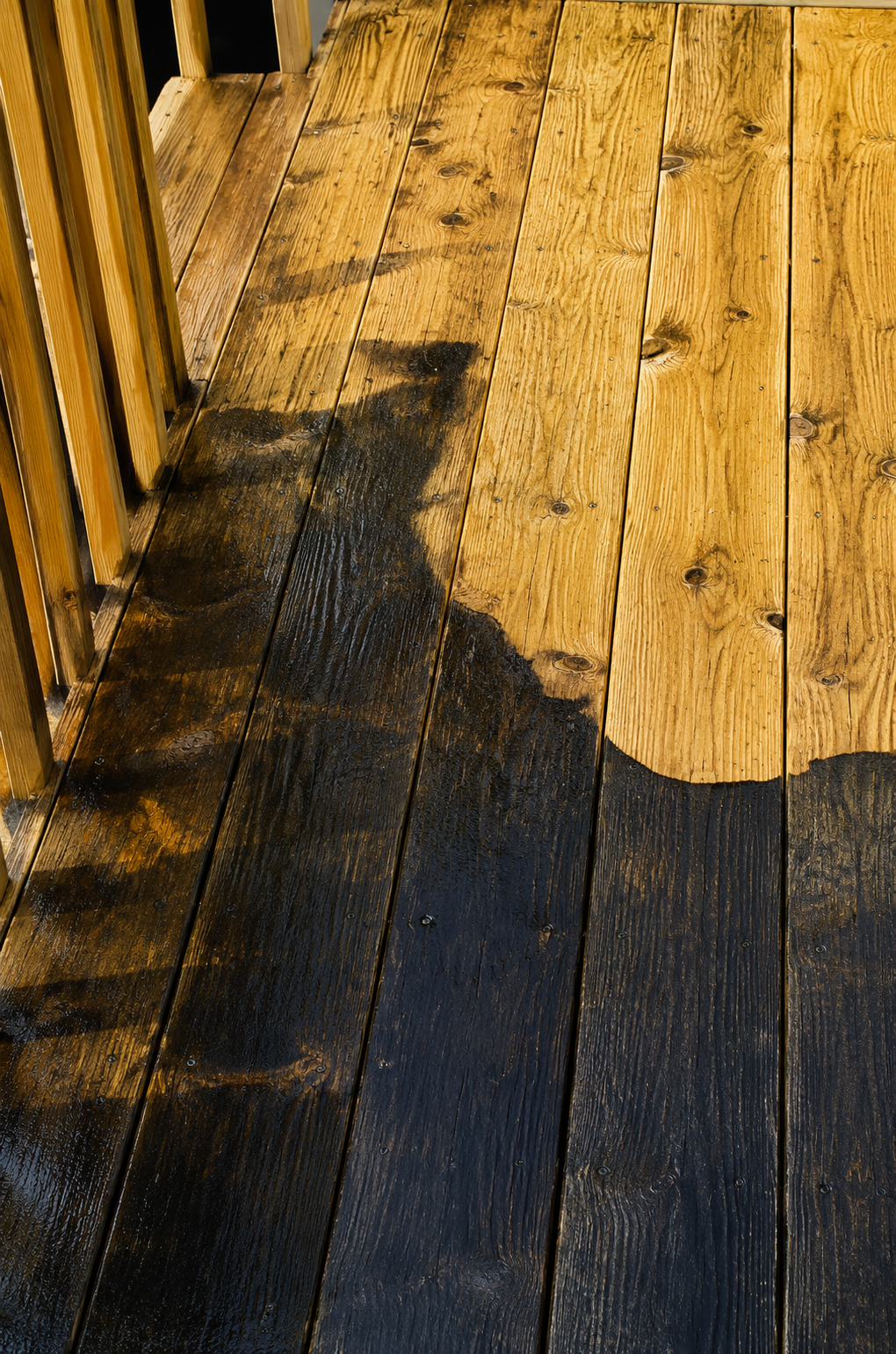 Wooden deck with a large diagonal shadow across sunlit planks and railing posts.