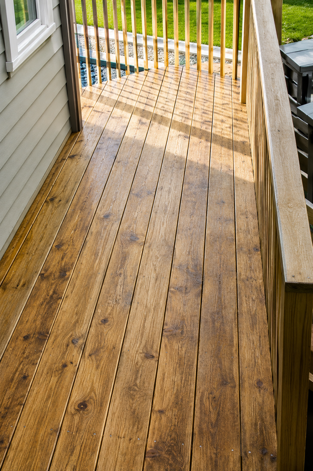 Wooden porch deck with weathered boards and white railing overlooking a yard