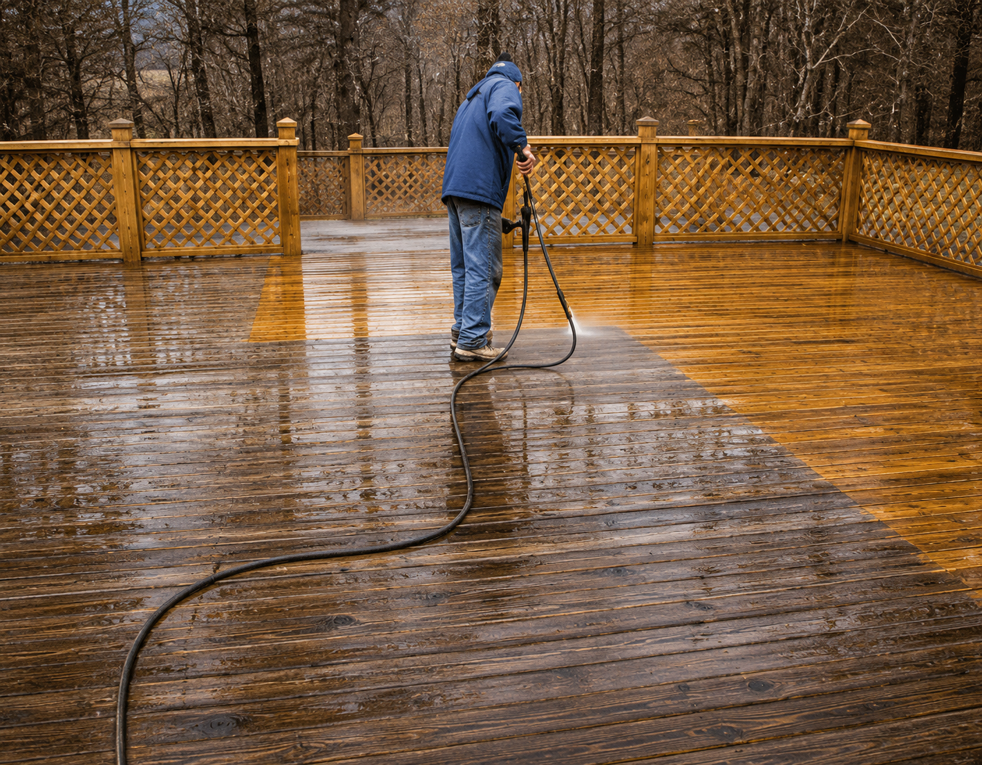 Person pressure-washing a wet wooden deck beside a lattice fence in the rain