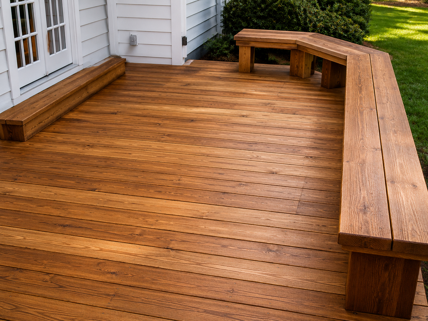 Wooden deck with built-in benches beside a white house and sliding glass doors