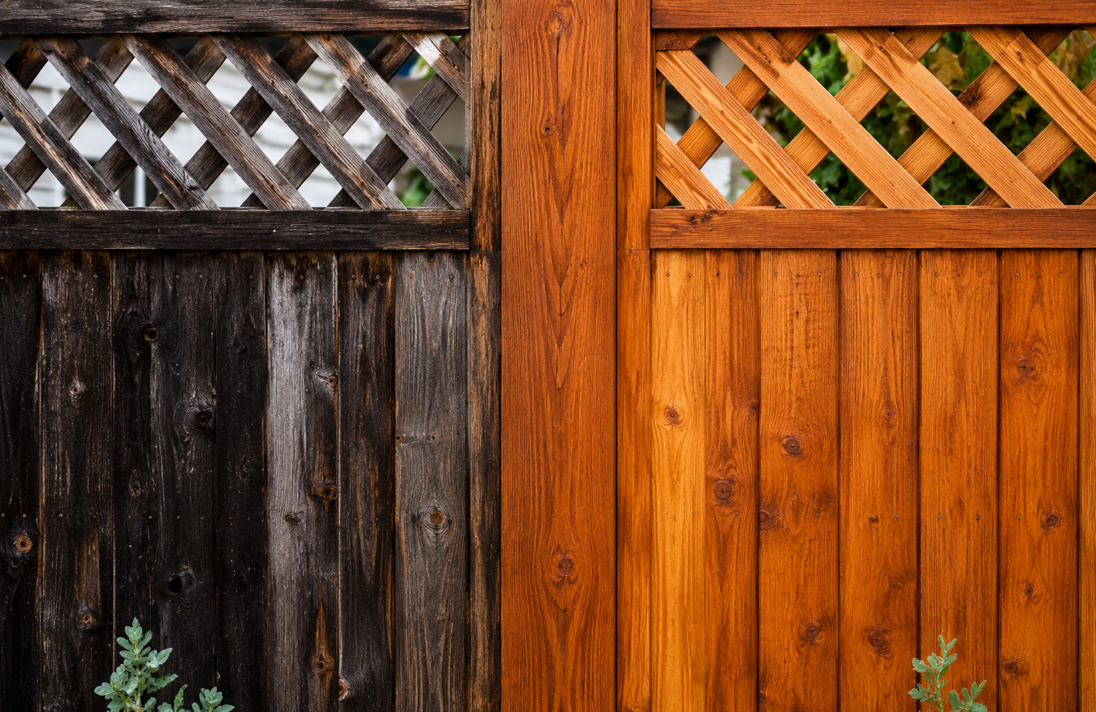 Two wooden fence panels, one dark weathered gray and one bright orange-brown, with lattice tops.