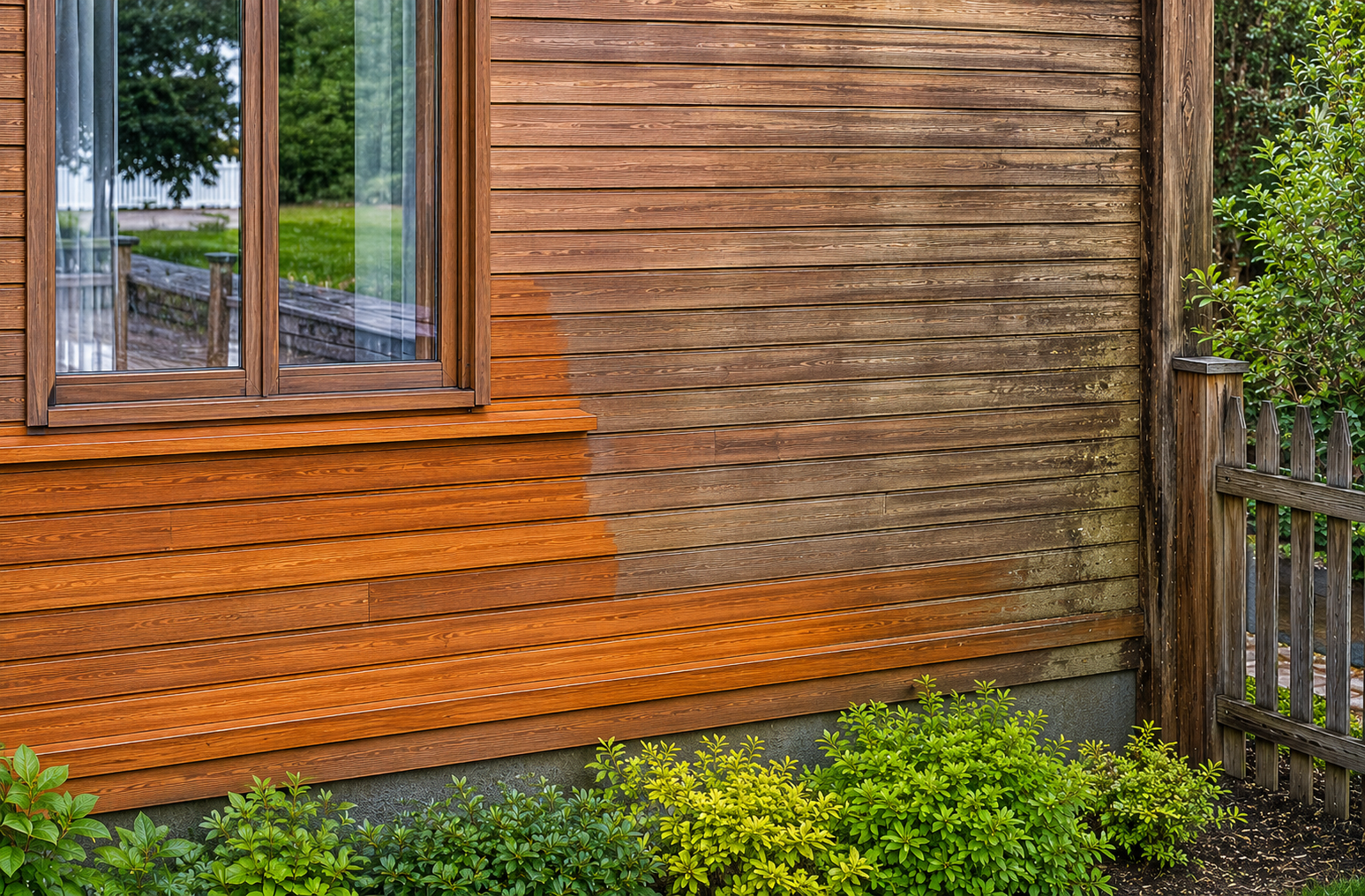 Wooden house exterior with orange-brown siding, a window, and green shrubs along the base