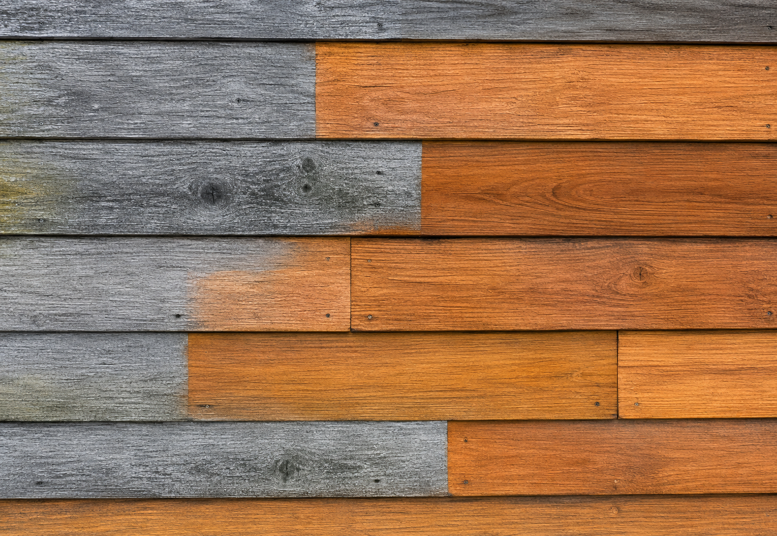 Gray and orange horizontal wooden planks arranged in a staggered pattern