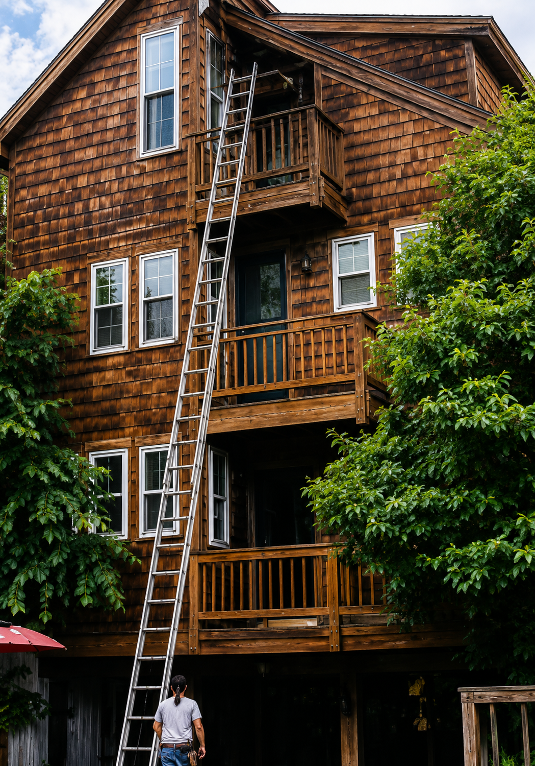 Ladder leaning up a wooden building with balconies and open windows, with a person standing below.