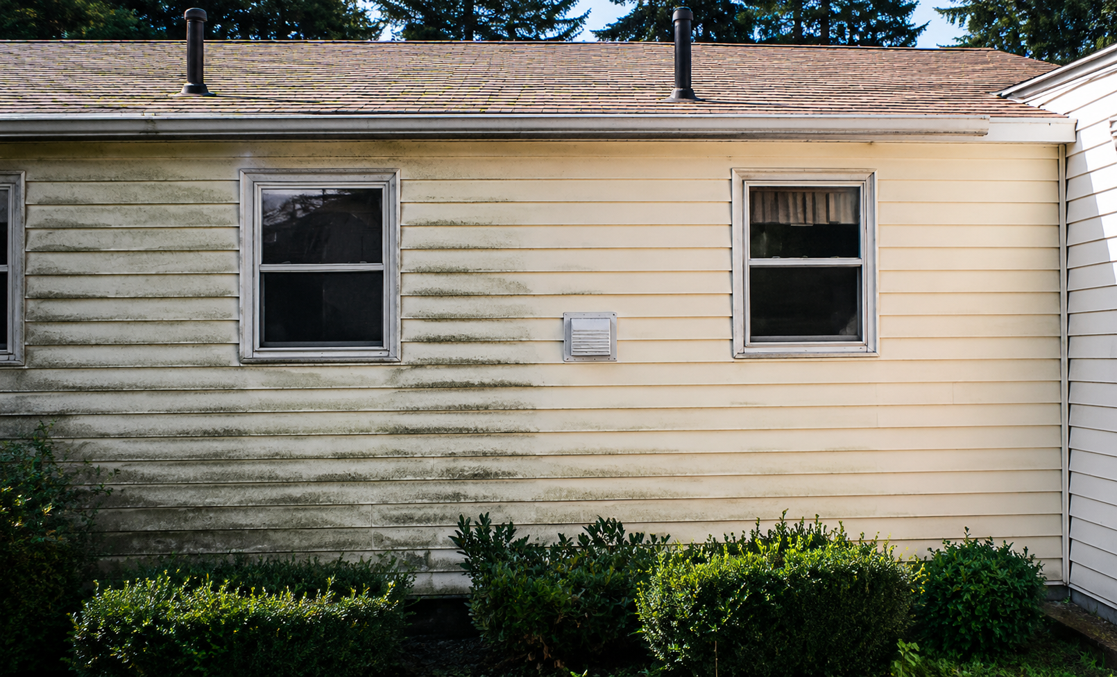 Side of a small white house with two windows, a mailbox, and bushes in front.