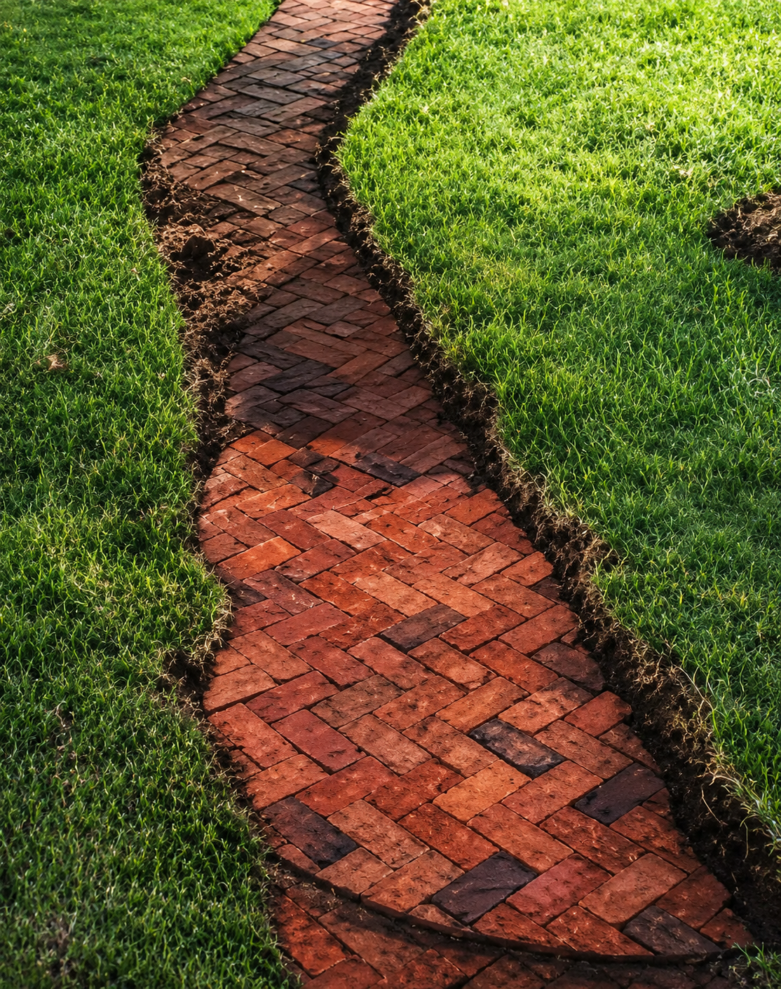 Curved brick garden path bordered by bright green grass