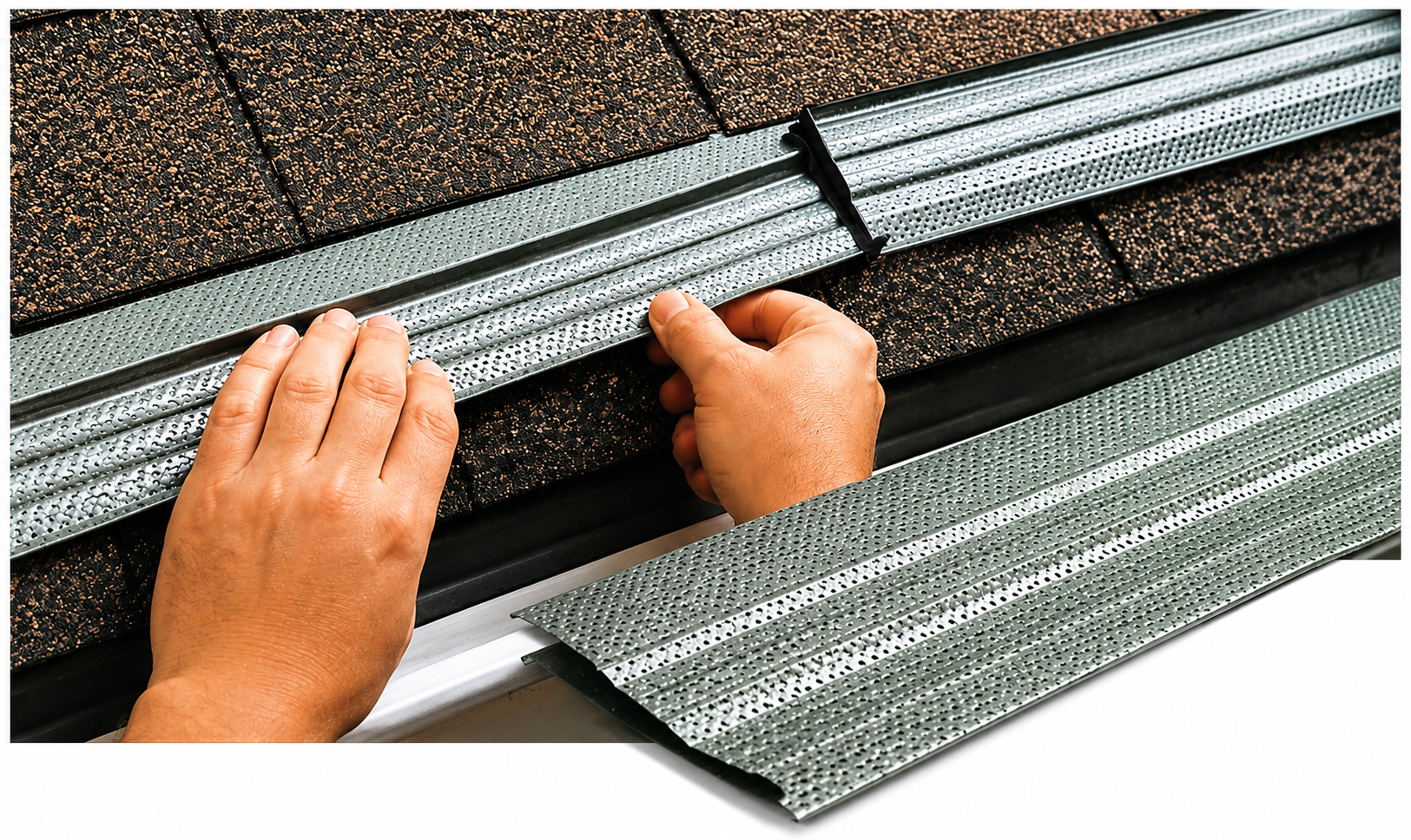 Hands installing gray roof shingles on a roof edge, aligning a new strip over brown roofing.
