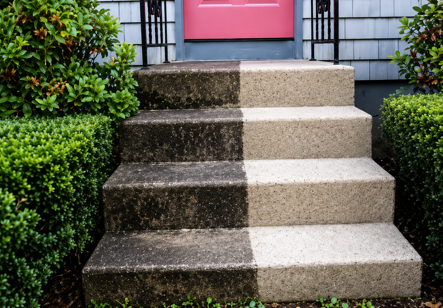 Front steps of a house with a pink door, gray concrete stairs, and neatly trimmed green bushes on both sides
