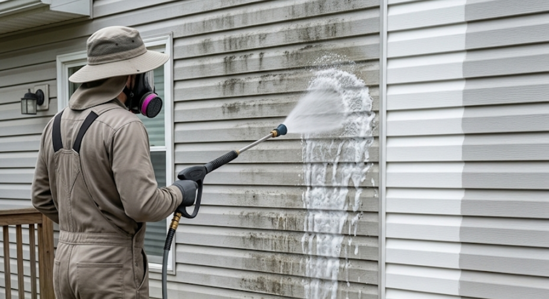 Worker spraying dirty house siding.