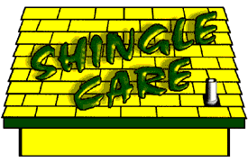 Logo reading “Shingle Care” on a yellow shingled roof with a small white bottle on the right
