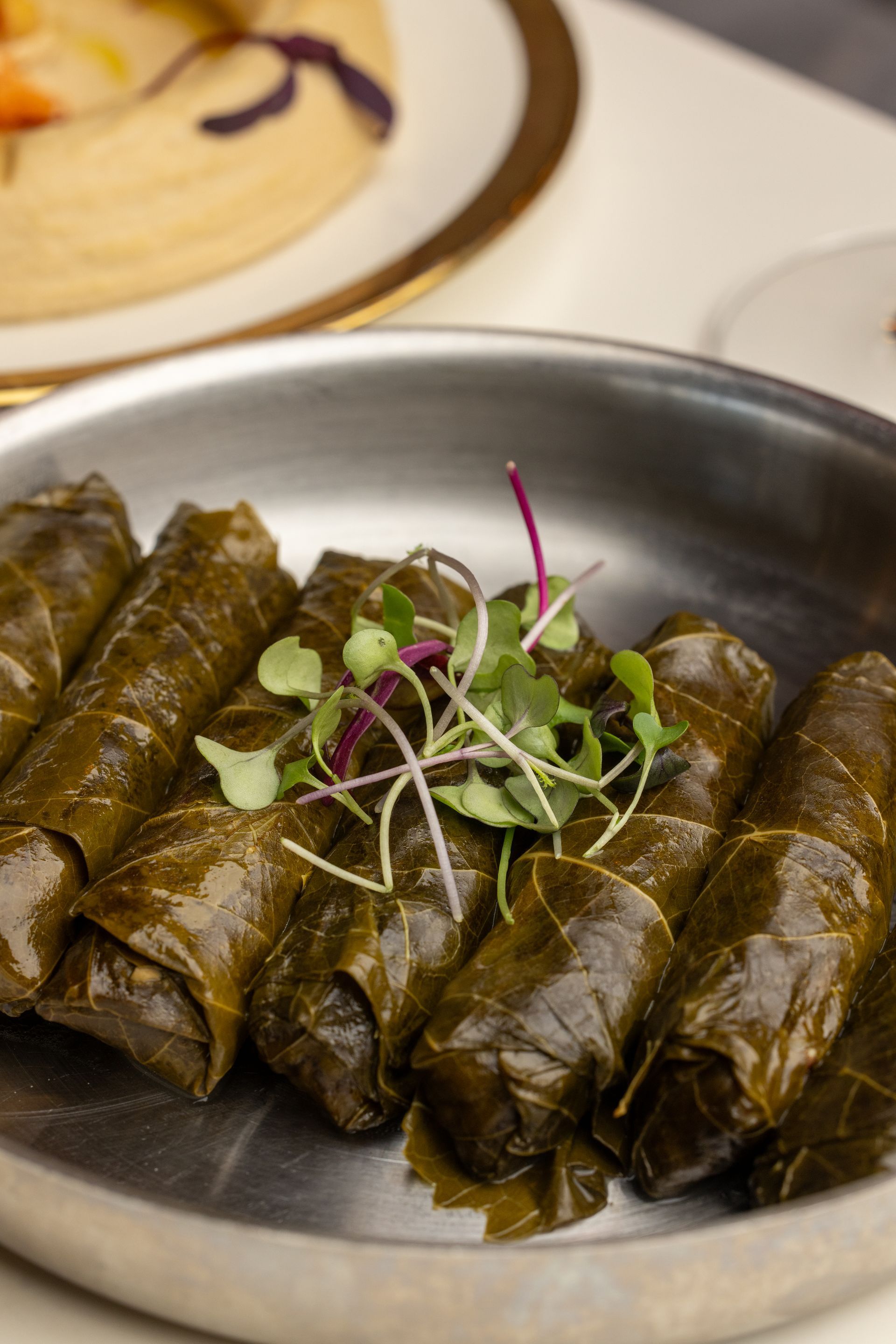Dolmas (stuffed grape leaves) in a metal dish, garnished with sprouts.