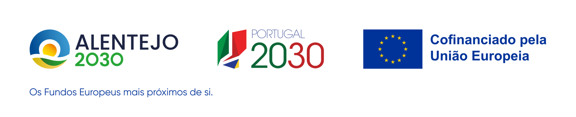Logotipos do Alentejo 2030 e do financiamento da UE em fundo branco, com as cores das bandeiras portuguesa e da UE.