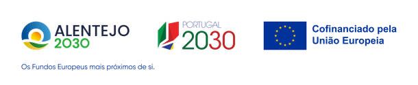 Logotipos do Alentejo 2030 e do financiamento da UE em fundo branco, com as cores das bandeiras portuguesa e da UE.