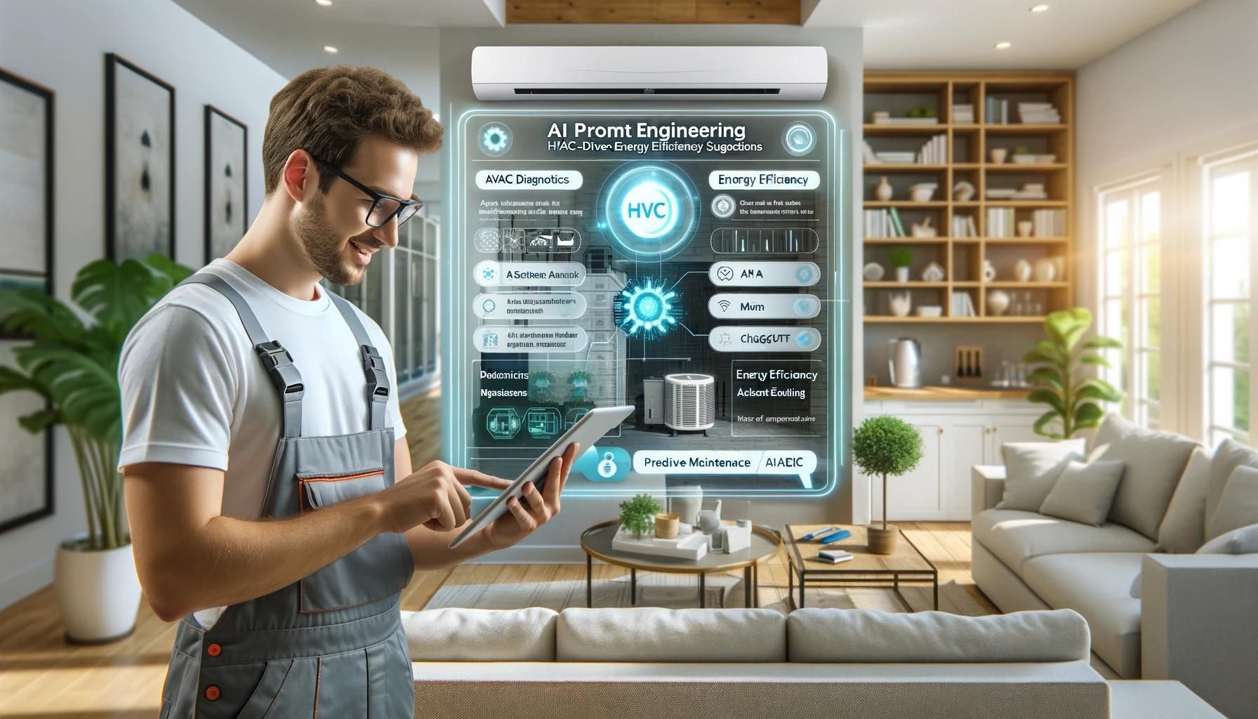 Man in overalls adjusts smart home system on a tablet, inspecting HVAC unit in a modern living room.