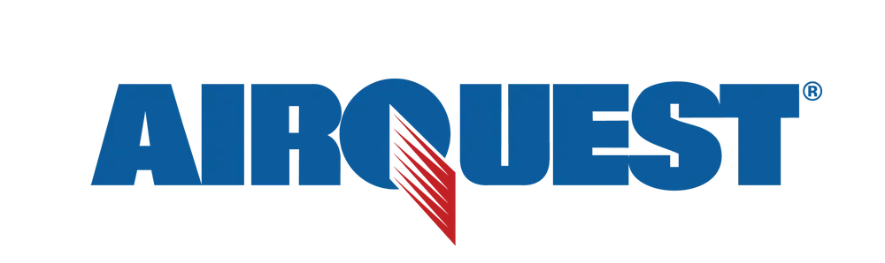 AirQuest logo, blue text with red and white abstract design. Registered trademark symbol.