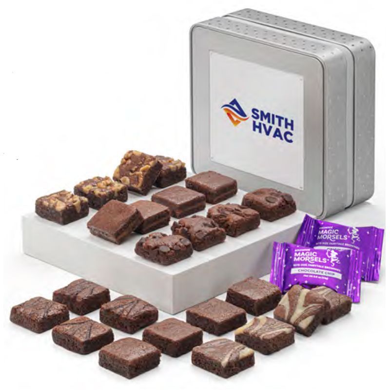 Brownie tin gift with logo, open to display brownies. Square tin and individual wrapped brownie bites on a tray.